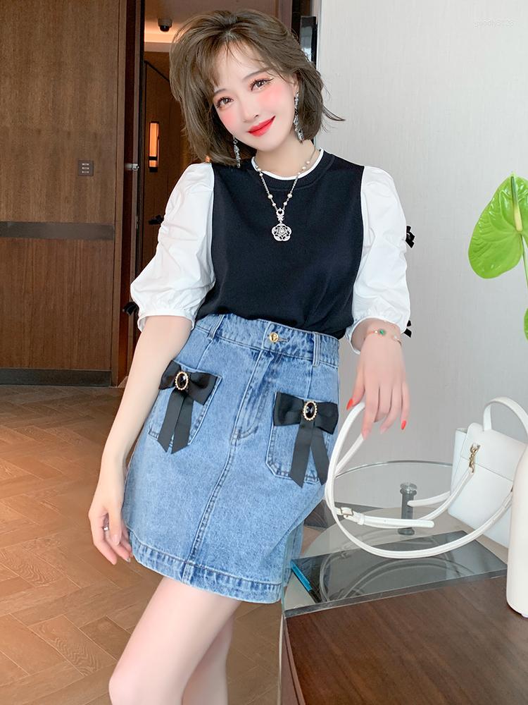 

Work Dresses Top Quality Symmetrical Pocket Bow Decoration A-Line High Waisted Denim Skirt For Summer, Blue
