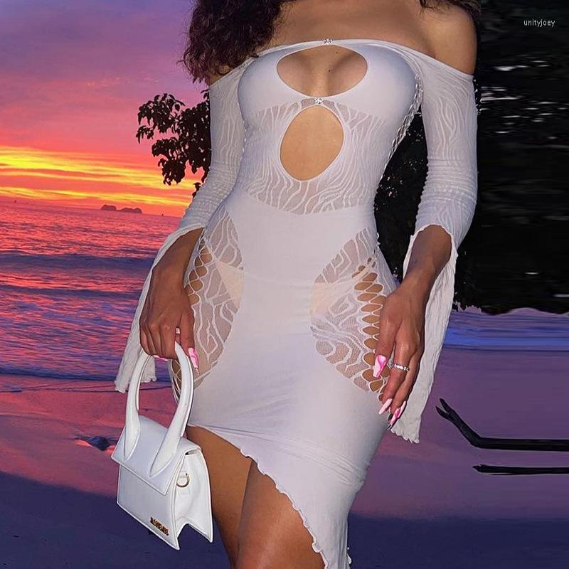 

Casual Dresses Women Party Club Sexy Slash Neck Hollow Out Long Slit Sleeve Bodycon Solid Mini Skirts 2023 Buttons Irregular Dress, Black