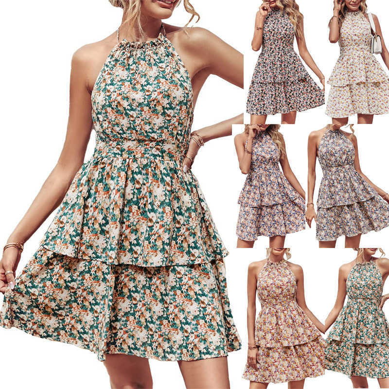 

2023 summer new neck hanging backless printing sleeveless dress for women, Blue and pink