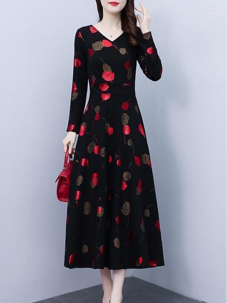 

Casual Dresses Bronzing Long Sleeve V-Neck Midi Dress Spring Autumn Vintage Causal Party Women Elegant Bodycon Maxi Vestidos, Black