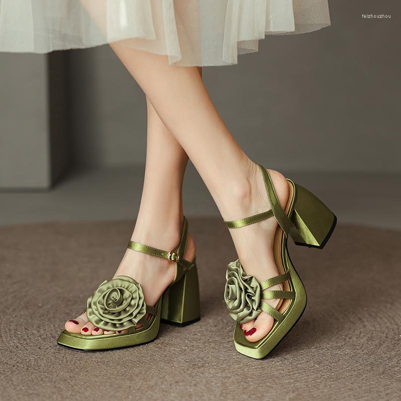 

Sandals Summer Style Square Head Cowhide Flower Strap Buckle Cow Tendon Sole Thick Heel High Women's, Black