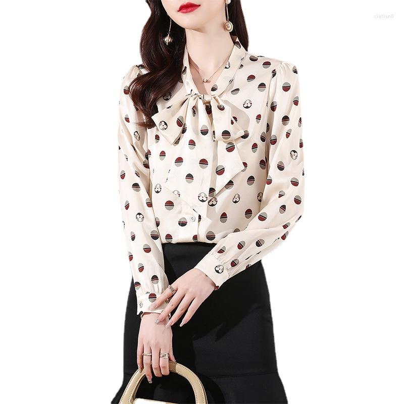 

Women's Blouses Elastic Twill Satin Silk Bow Shirt Women's 2023 Spring Dress Wave Dot Backing Professional Mulberry Top, Picture shown
