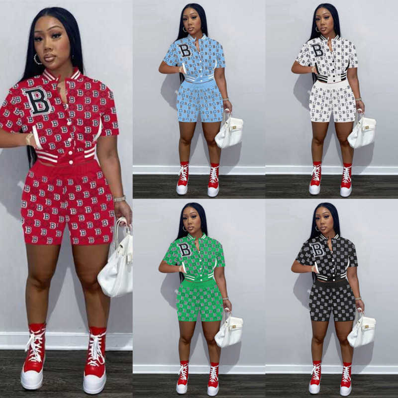 

Designer Women Clothes Summer Baseball Tracksuits Short-sleeved Shorts Outfits Full Embroidered B Jacket Two-piece Pocket Sports Suit, White
