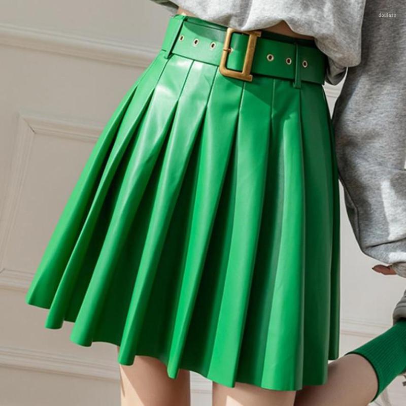 

Skirts Faux PU Leather Pleated Women With Belted High Waist Mini Female Autumn Winter, Black