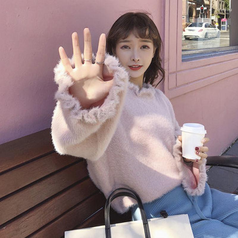 

Women' Sweaters 2023 Women Autumn Winter Faux Mink Cashmere Sweater Female Flare Sleeve O-neck Knitted Shirts Lady Casual Solid Pullover, Pink