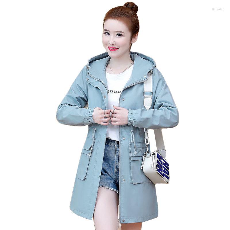 

Women's Trench Coats 2023 Spring Autumn Coat Women Long Sleeve Casual Windbreaker Famale Hooded Mid-length Loose Outerwear Lady Overcoat, Blue