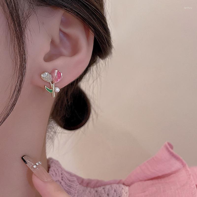 

Dangle Earrings U-Magical Temperament Pink Red Tulips Earings For Women Cute Shining Simulation Pearl Plant Metal Jewellery