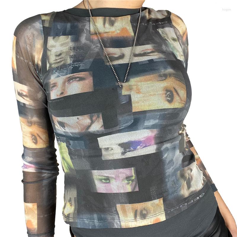 

Women' T Shirts Fashion Women Tshirt Sheer Mesh Tops Stylish Long Sleeve Portrait Print Crew Neck Slim Fit T-Shirts Ladies Clothes, As photo shows