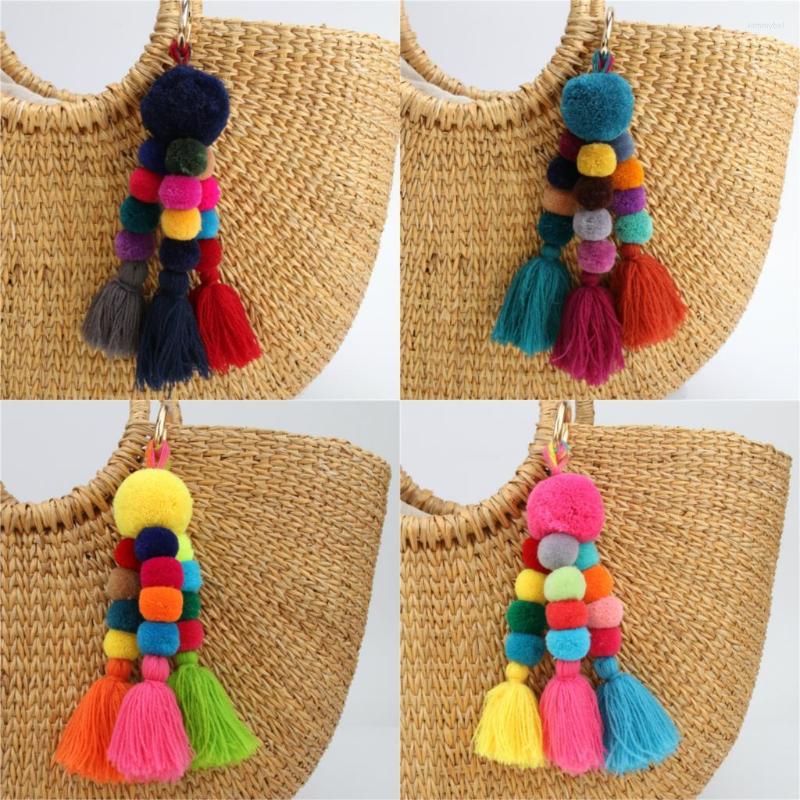 

Keychains 1pc Bohemian Accessories Handmade Keychain Beads Chain Pompom Hand Bag Hanging Key Chains For Year Gift