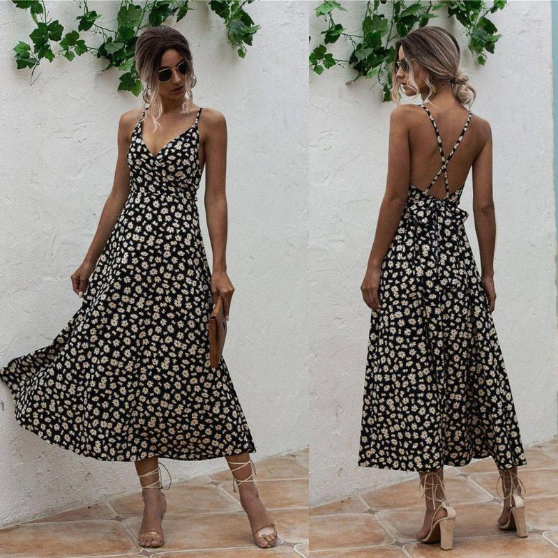 

Casual Dresses Spaghetti Strap Backless Sleeveless Women Summer Long Dress 2023 Flore Print Maxi Elegant Evening Party Beach Vestidos, Black