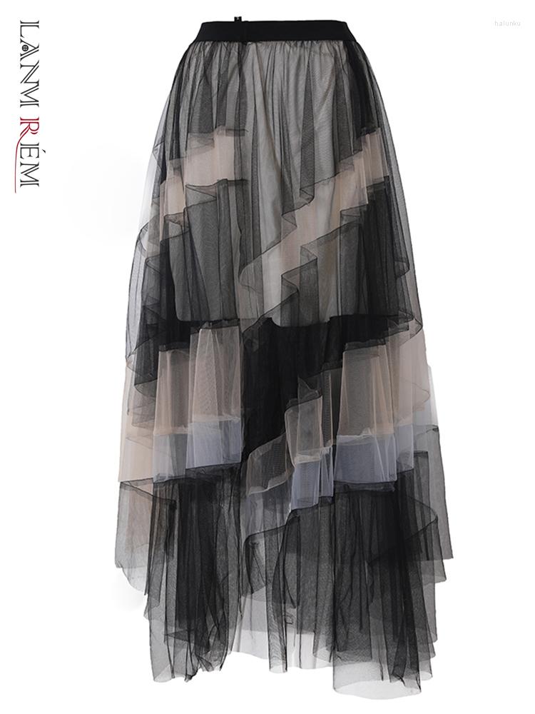 

Skirts LANMREM Mesh Skirt For Women High Elastic Waist Contrast Color Long Length Fashion Streetwear Female 2023 Spring 2CA2203, Color panel