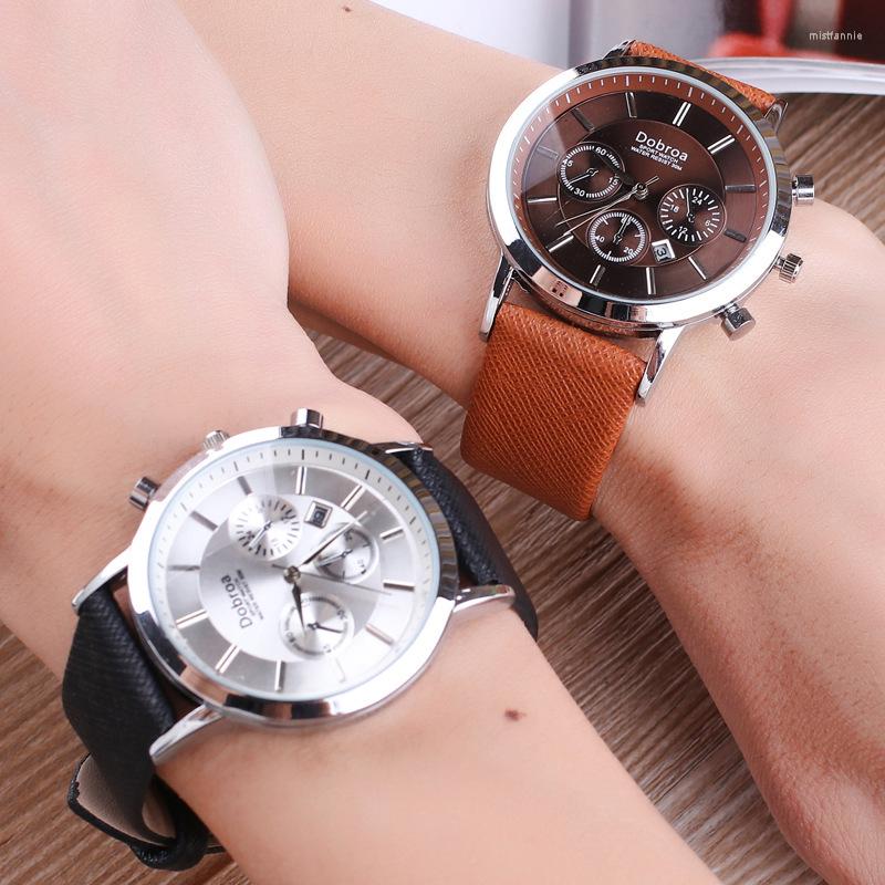 

Wristwatches 2023 Brand Business Casual Men's Watch Fake Three Eye Function Waterproof Single Calendar Leather Quartz, Blue