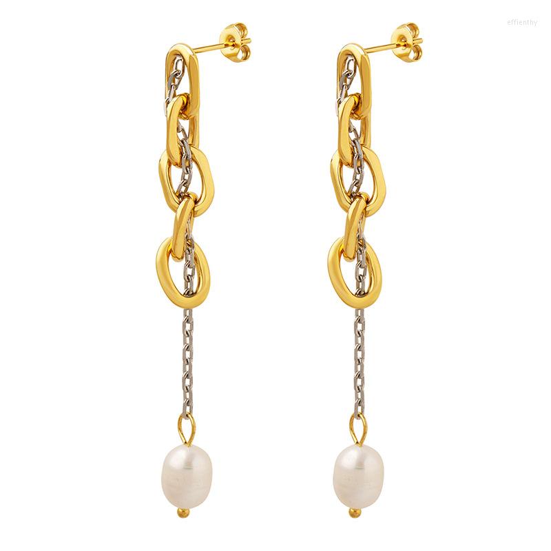 

Stud Earrings Chain Winding Freshwater Pearl Pendant Golden Stainless Steel Long Trendy Jewelry Women Bijoux Gift