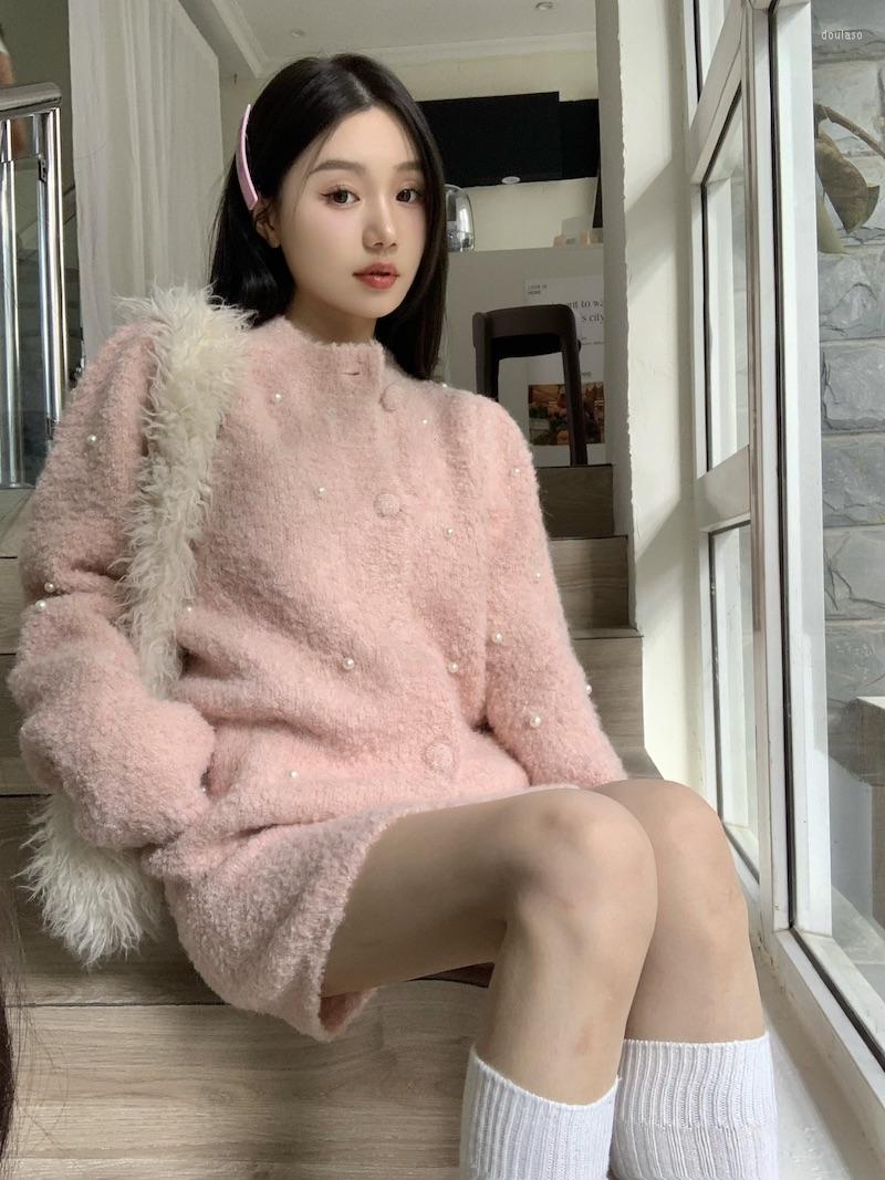 

Women's Knits Korean Chic Sweet Pearls Beading Knitted Cardigan O-neck Single Breasted Sweater Women Solid Elegant Jumpers Y2k Aesthetic, Pink skirts