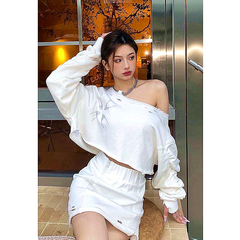 

Two Piece Dress Summer 2 Pieces Of Women's Loose Casual Long Lantern Sleeve Short Blouse And Ultra-thin Lace-up Party Skirt Suit NS321Tw, White