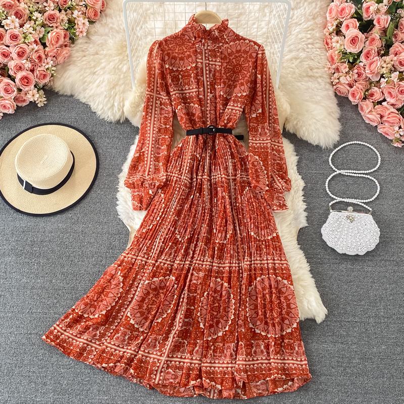 

Casual Dresses Women 2023 Spring Autumn Print Midi Dress With Belt A-Line Long Sleeved Holiday Party Fashion Vintage Clothes, Black