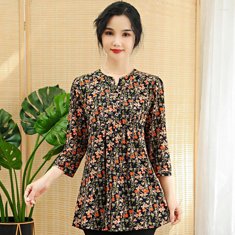 

Women's Blouses Loose Summer Women Tops Casual Print Three Quarter Sleeve V-neck Pullover Female Shirt Vintage