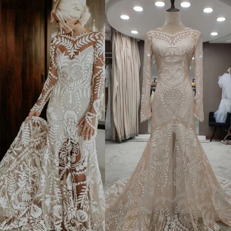 

2 in 1 Rustic Country Mermaid Wedding Dresses For Bride Vintage Lace Boho Bridal Gowns With Long Sleeves Sexy See Through Fishtail Backless Vestidos De Novia CL1999, Gold