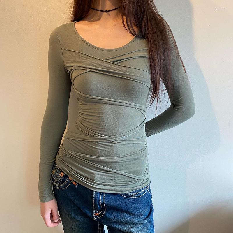 

Women' T Shirts Chic Women Vintage Bandage Shirt Y2K Aesthetics Full Sleeve Slim Fit Basic Tees Female Casual Fashion Autumn Green Crop