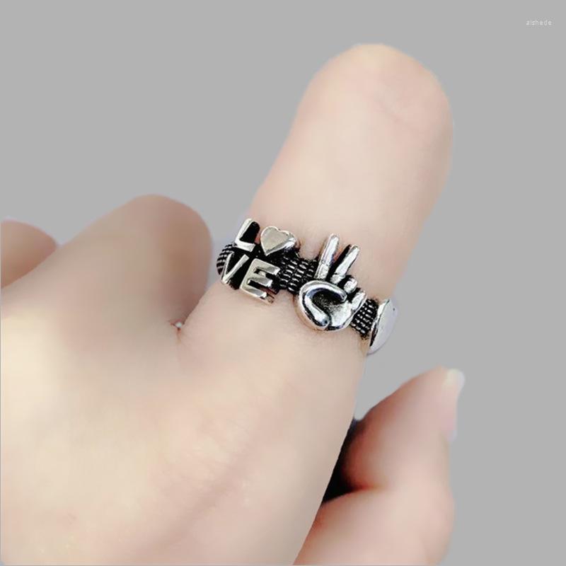 

Wedding Rings Fashion Black Punk Boho Initial LOVE Letter Silver Color Adjustable Engagement Ring For Women Chunky Jewelry