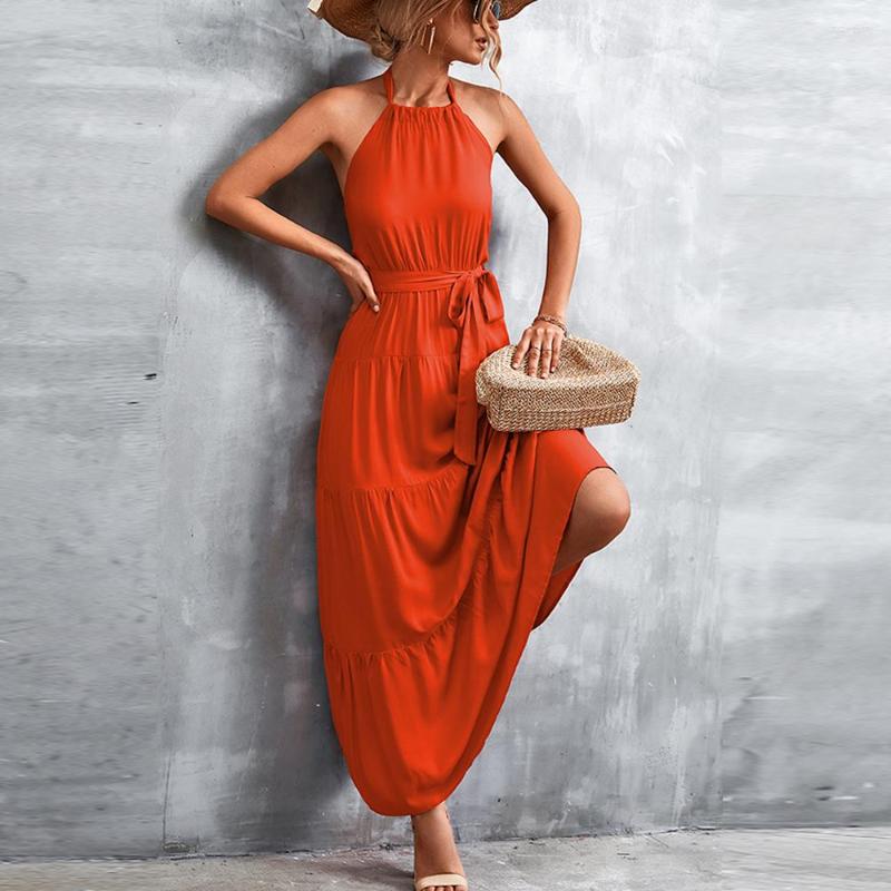 

Casual Dresses 2023 Summer Maxi Dress Women Sexy Halter Backless High Waist Lace Up Beach Elegant Ladies Sleeveless A Line Party Robe, Orange