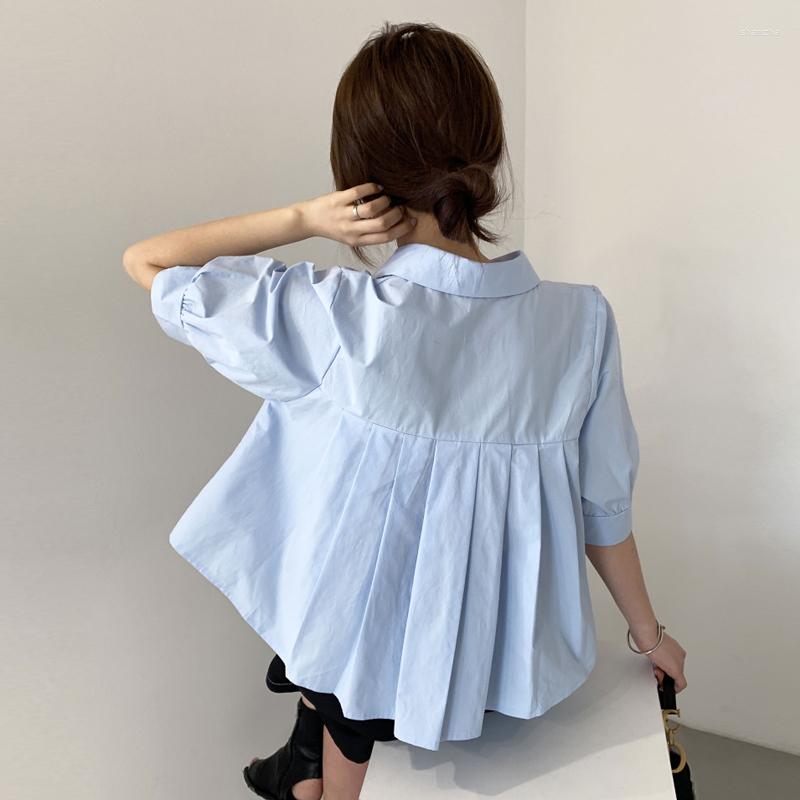

Women' Blouses Back Pleated Summer Blouse Women Turn Down Collar Short Sleeve Casual Solid Shirts Tops Office Lady Single Breasted Z996, Blue