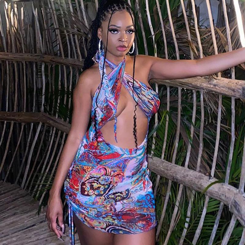 

Casual Dresses Adogirl Vintage Floral Print Halter Dress Women Backless Hollow Out Mini Summer Night Club Party Beach Bodycon, Multicolor printing