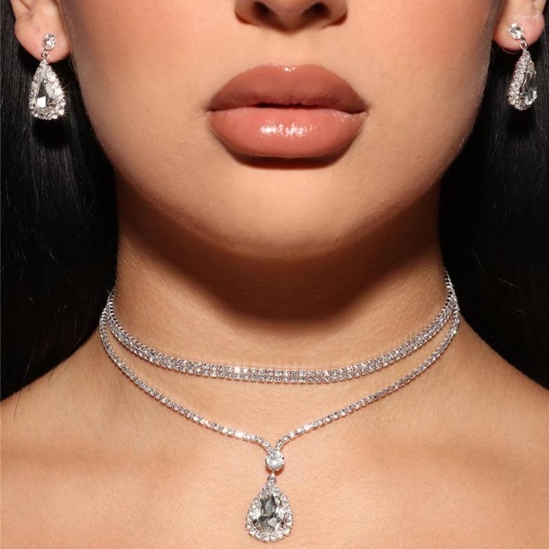 

Choker 2023 Luxury Bridal Jewelry Set Women Wedding Party Shiny Double Rhinestone Necklace And Crystal Pendant Earrings Wholesale