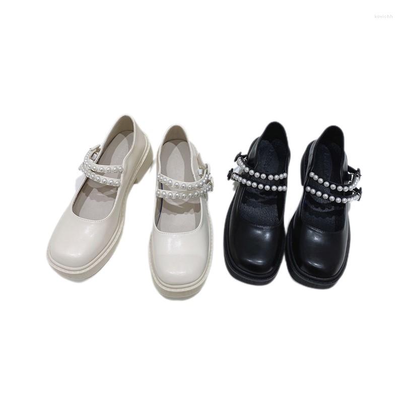 

Dress Shoes Black Beige Leather Women's Platform Mary Janes Cute Ladies White Pearls Chunky Thick Bottom Pumps Lolita High Heels