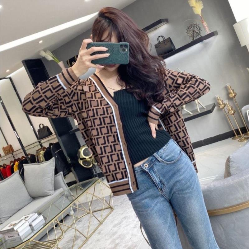 

Down jacket Knitted cardigan sweater high quality double F letter tees jacquard temperament V-neck thin knit jacket for men and women o Olrf, Brown