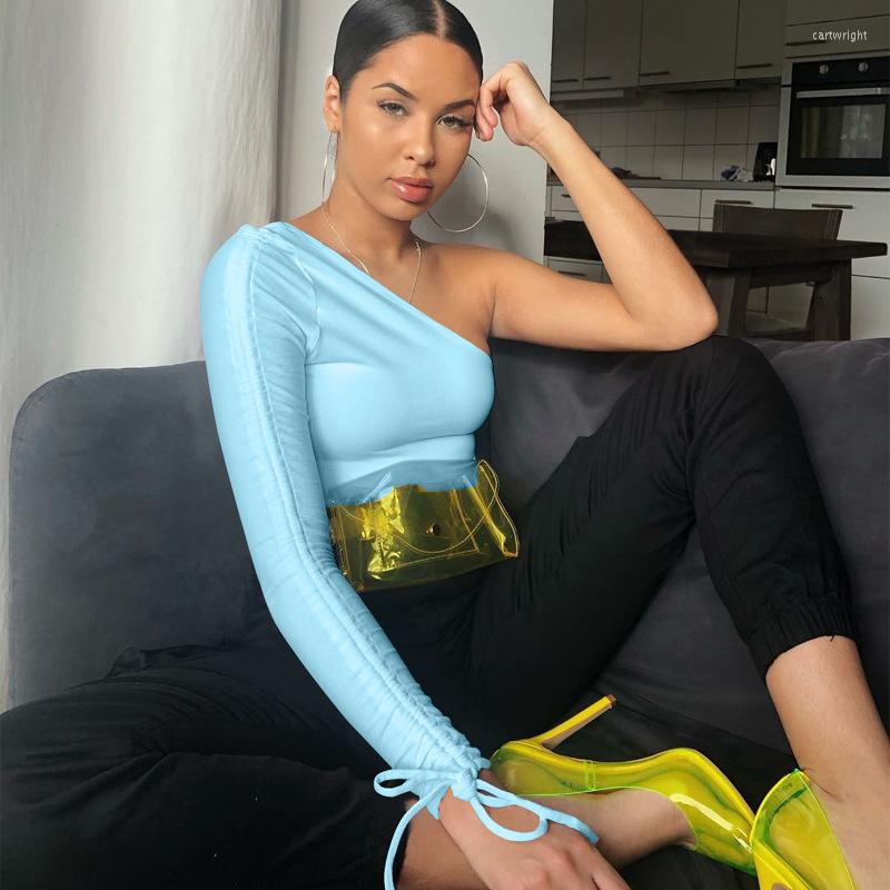 

Women' T Shirts Women Tops Streetwear Elastic Short Cropped Cami Tees One Shoulder Long Sleeve Camisole Femal Pull Femme Shirt, Sky blue