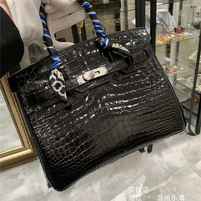 

designer women handbag birkin Silver buckle bags Black bk30 shiny crocodile leather handbag BK 30cm black, White