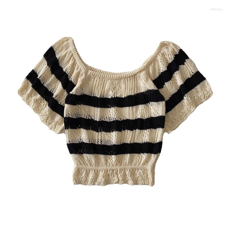 

Women's T Shirts Hollow Out Striped Short Knitted Women's Summer Korean Slim Pullover Short-sleeved T-shirt, Black