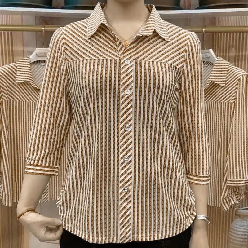 

Women's Blouses Spring Summer Shirts 2023 Plus Size 6XL Shirt Jacket Mother Striped Cropped Sleeve Fashion Blouse Loose Cardigan Printed Top, Khaki