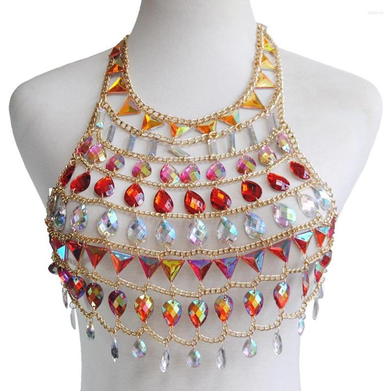 

Women's Tanks AB Crystal Chain Tops Women Beaded Bikini Wear Gold Bra Cropped Nightclub Party Festival Burning Man Jewelry, Picture shown