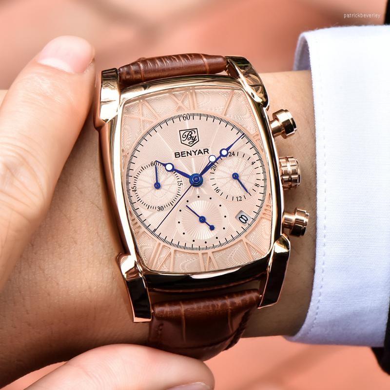 

Wristwatches Rectangle Watch Chronograph Mens Calendar Waterproof 30M Genuine Leather Strap Luxury Quartz A513, 02