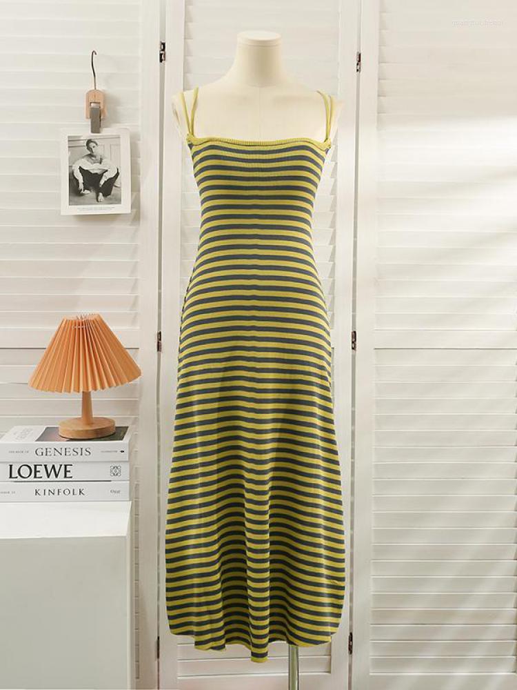 

Casual Dresses Summer Striped High Waist Thin Knit Dress Women Korean Slim A-line Backless Long Suspender Vestidos, Black