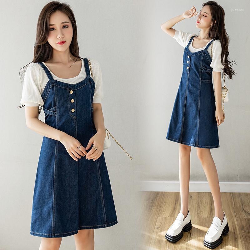 

Casual Dresses All-match Denim Suspender Dress 2023 Spring Preppy Style Short Women Sleeveless Off Shoulder Vestidos, Blue