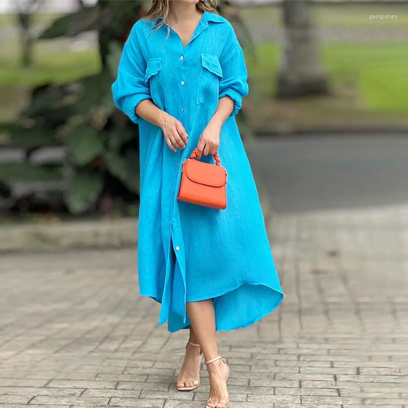 

Casual Dresses Ellafads Women Maxi Dress Pocket Lapel Loose Solid Color Full Sleeve Single Button Up Shirt Long Skirt, Blue