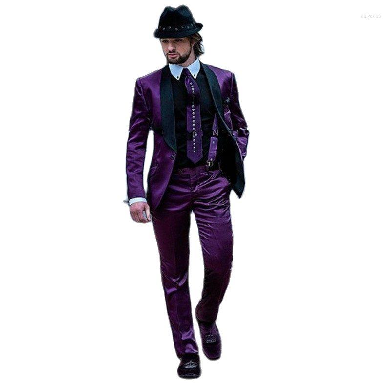 

Men's Suits Shiny Purple Satin Men's Toast Dress Business Groom Tuxedos Party Dinner Blazer Coat Trousers (Jacket Pants Tie) K:186, Same as image
