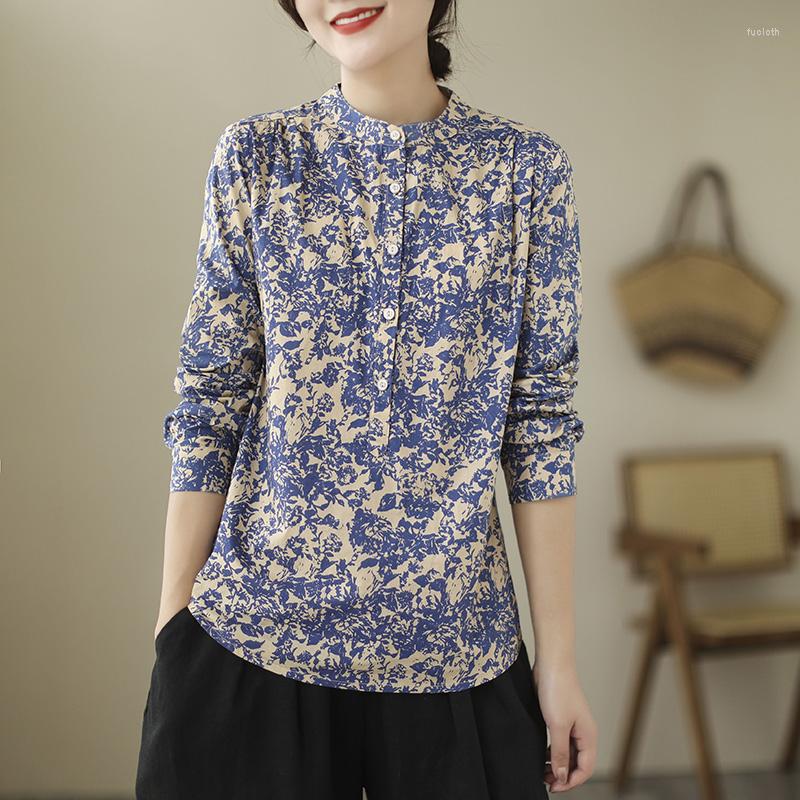 

Women's Blouses 2023 Chic Spring Age-Reduced Floral Print Women Travel Shirt Literary Stand Collar Long Sleeve Single-Breasted Bottom Blouse, Blue