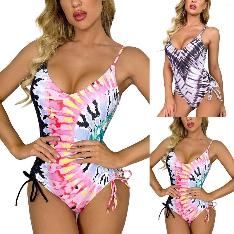 

Women' Swimwear One Piece Summer Monokini Women' Tie Dye Deep V Neck Swimsuits Ruffled Backless Mesh Slimming Bathing Suit