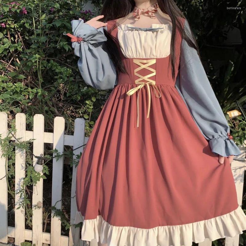 

Casual Dresses Japanese Soft Sister Cute Lolita Dress Women Victorian Gothic Lace-up Kawaii Party Retro Dark Girls Bandage Maid, Beige