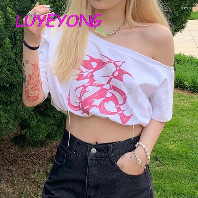 

Women' T Shirts Harajuku T-shirt Basic Cotton Top Summer Cropped Women Character Print Chains Skew Collar Sexy Lady Gothic Short-length, White