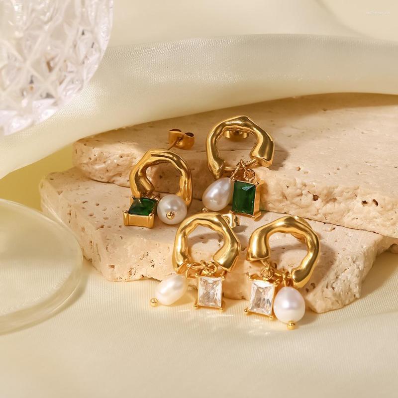 

Dangle Earrings Grie 2023 White/Green Zircon Natural Pearl Drop 18K PVD Gold Plated For Women Earring Fashion Jewelry Daily