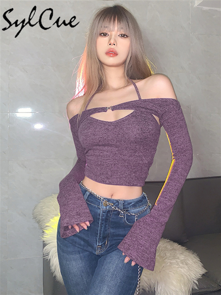 

Women s T Shirt Sylcue One Word Neck Intellectual Elegant Pure Color Casual All Match Slim Flared Sleeve Short Top 230313, Purple