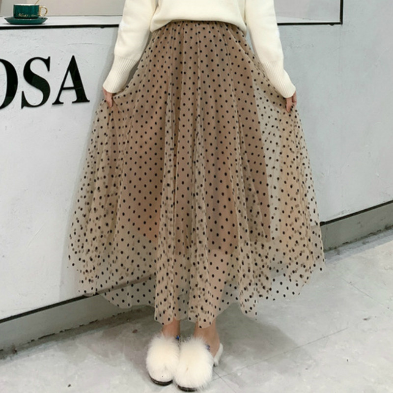 

Skirts Women Summer Fall Holiday Party Mesh Yarn Skirt Casual Elastic High Waist Muti-layer Dot Print Patchwork Tulle A-line Skirts 230313, Khaki