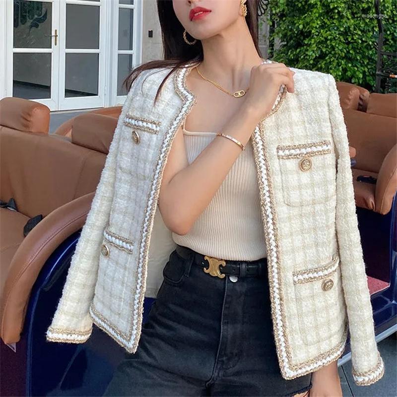 

Women' Wool 2023 Autumn Tweed Jackets Women O-Neck Long Sleeve Loose Coat Female Single Breasted Outwear Vintage Harajuku Tops, White