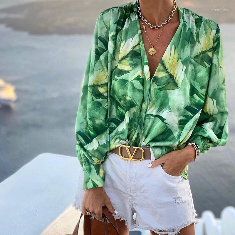 

Women' Blouses Vacation Style Comfort Fresh Sweet 2023 Fall Women' Closing V-neck Long Sleeve Bohemian Printed Blouse Casual Shirt, Green