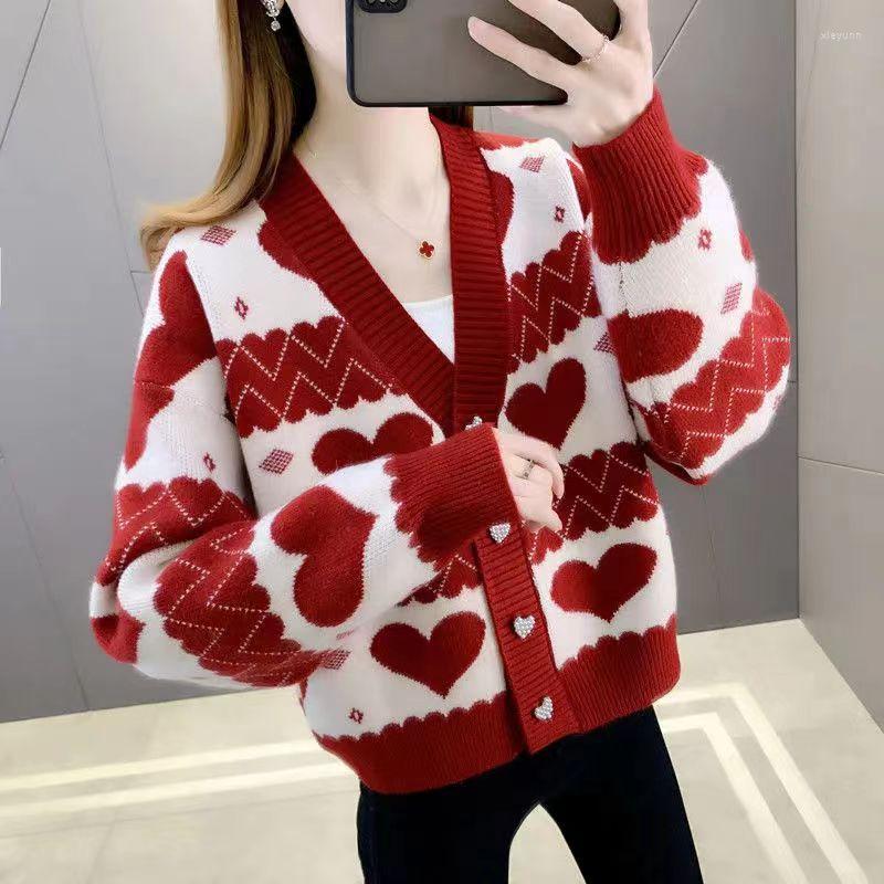 

Women' Knits V Neck Jacquard Knitted Sweater Women Loose Short Jumper Korean Cardigan Jacket Outerwear 2023 Autumn Winter, Gray
